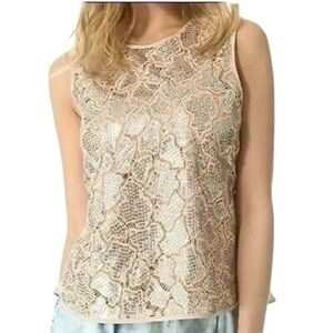 Rebecca Taylor Sleeveless Peach & Silver Sequin Demi Peplum Silk Blouse Size 6